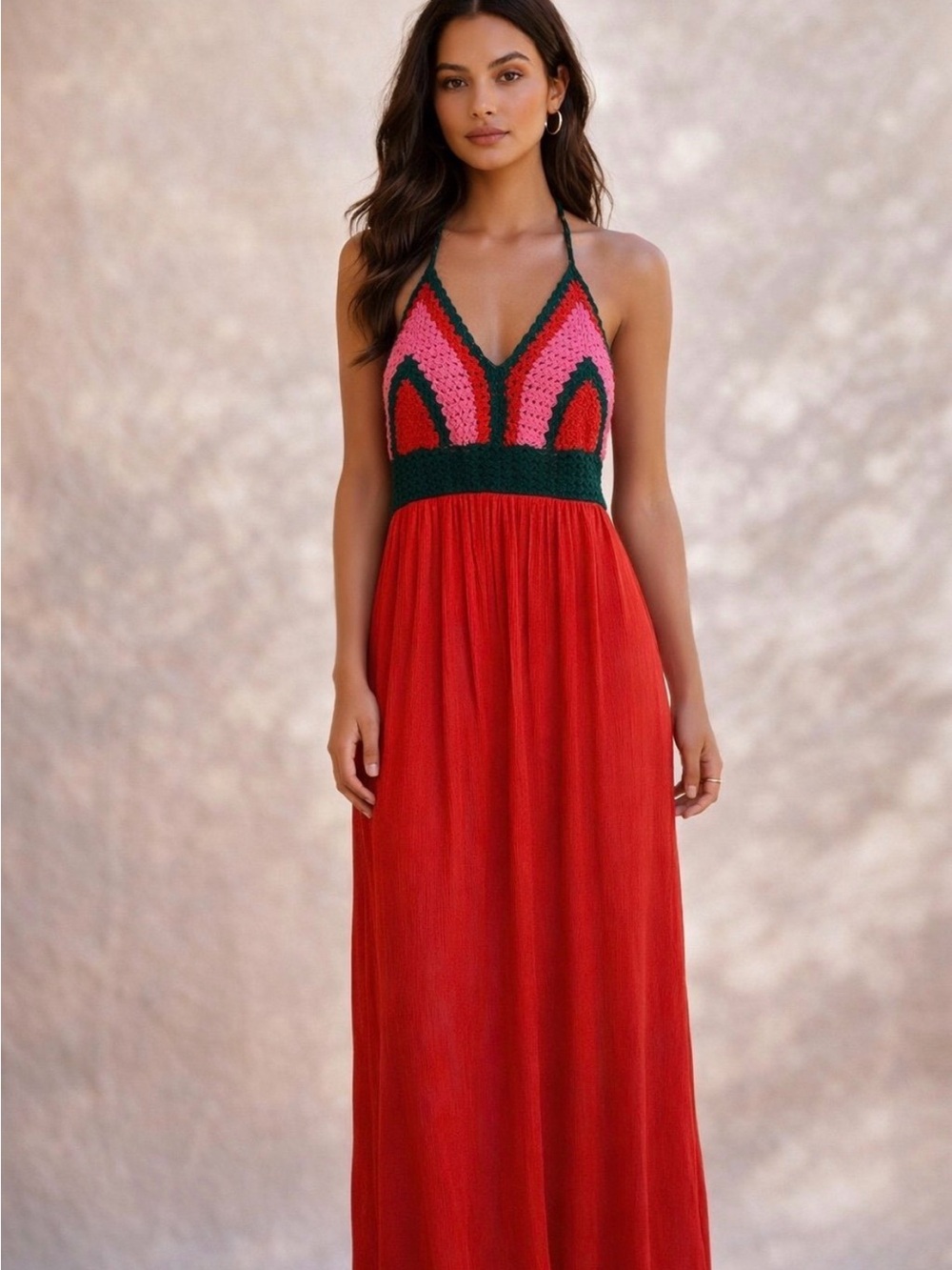 Gianni Bini Crochet Halter V-neck Open Back Flowy Summer Maxi Dress Red Green M